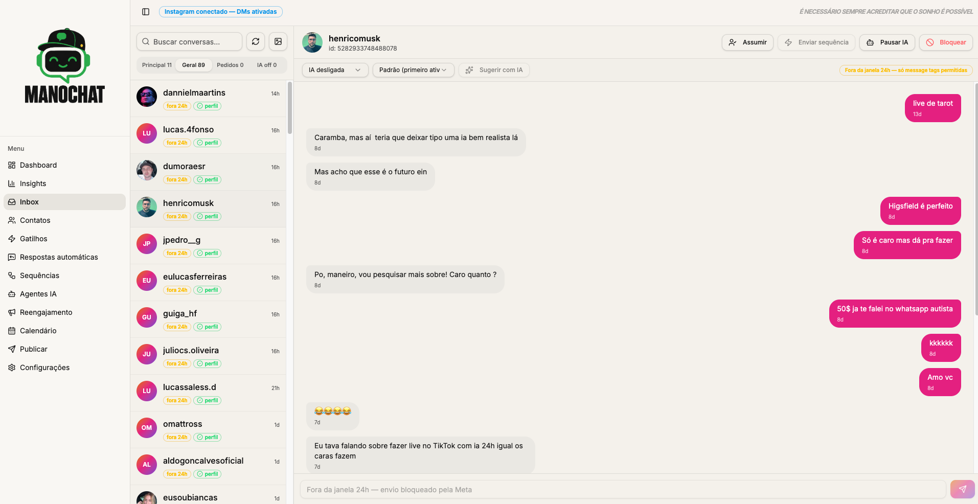 Inbox unificada do MANOCHAT