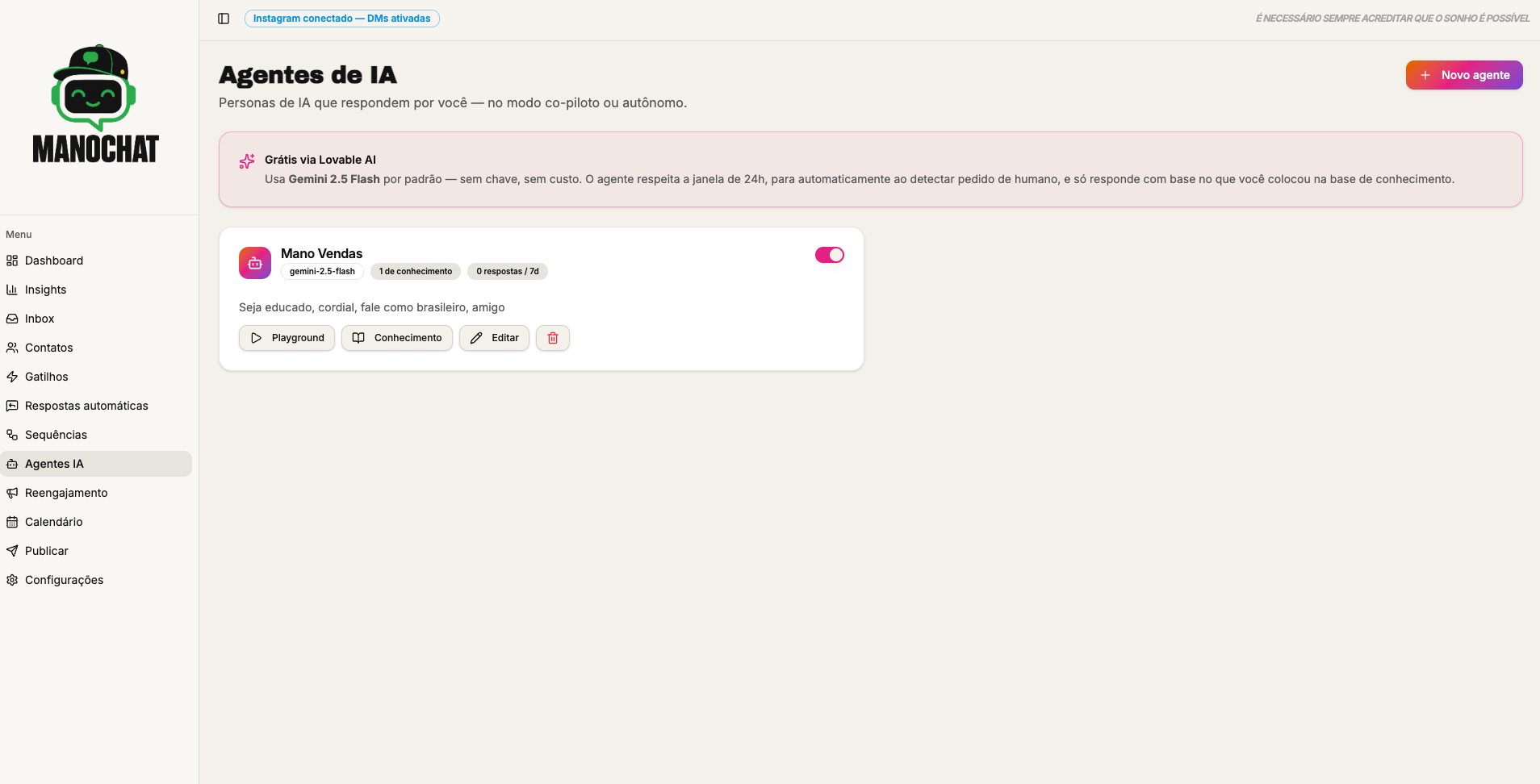 Tela de configuração de agentes de IA