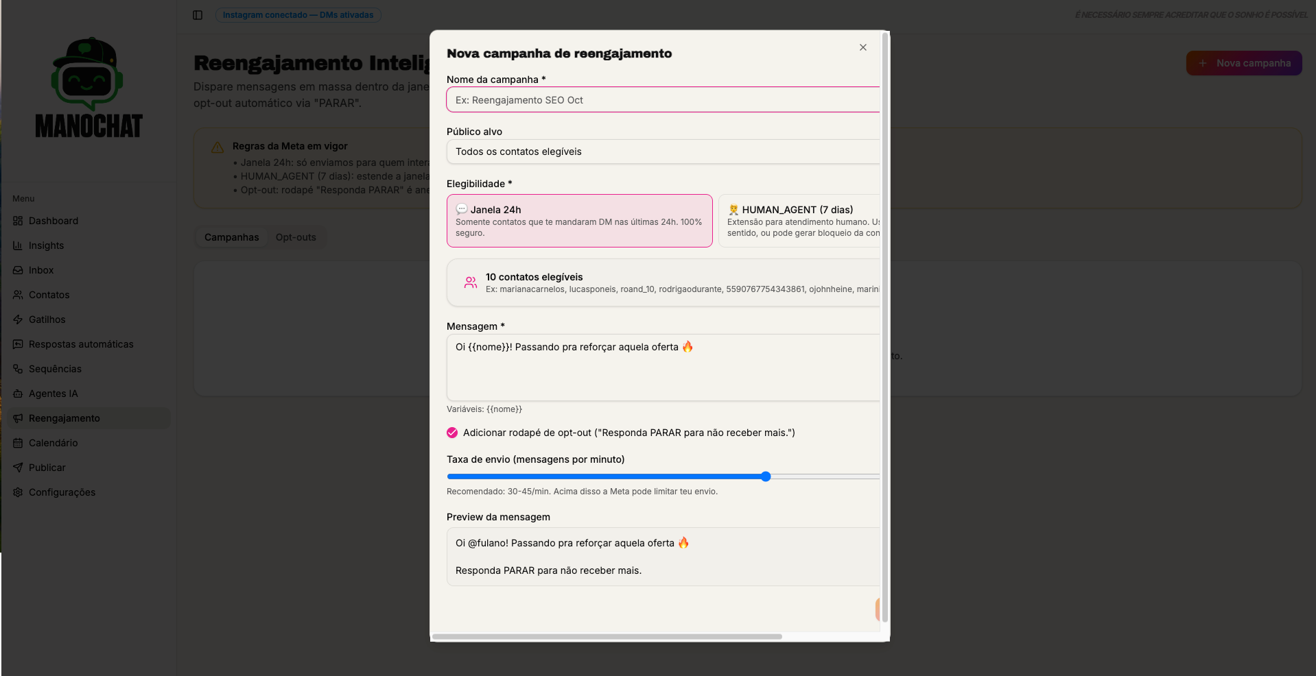 Modal de nova campanha de reengajamento